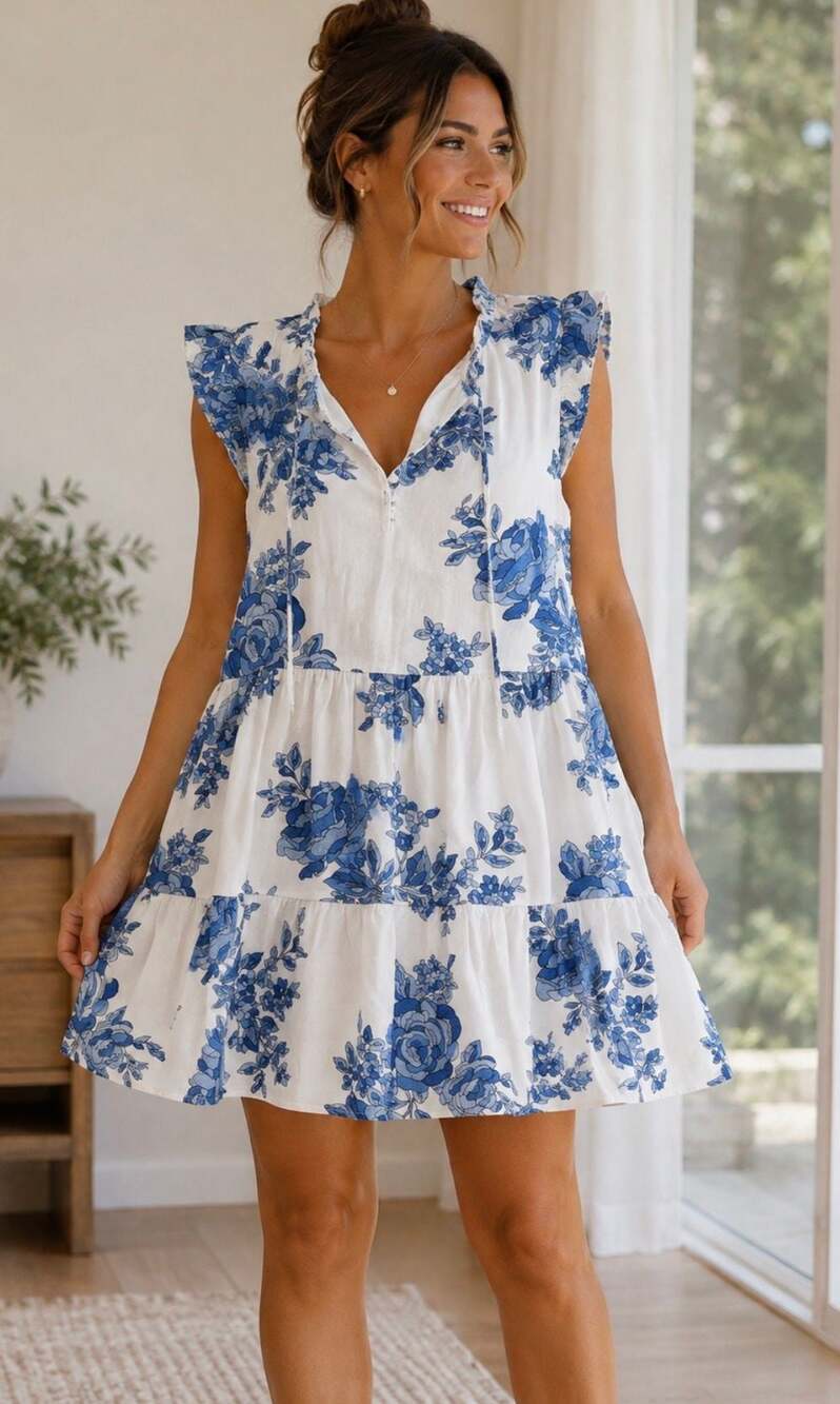 CeCe Blue Landscape Toile Flutter Sleeve Tiered Mini Dress